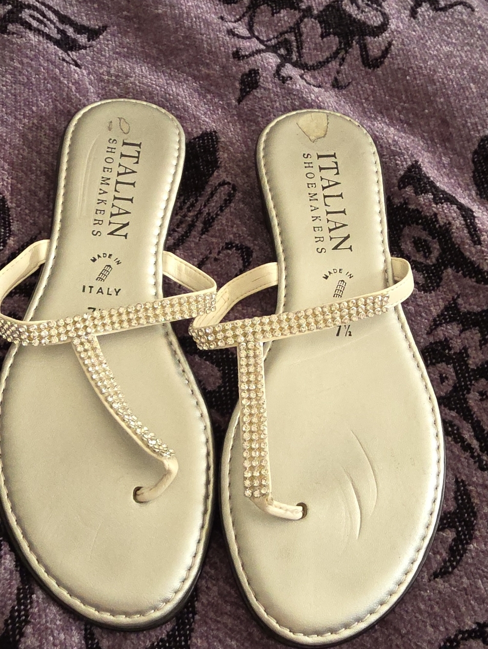 Italian Shoemakers Cream T-strap Sandals with Crystal Accents